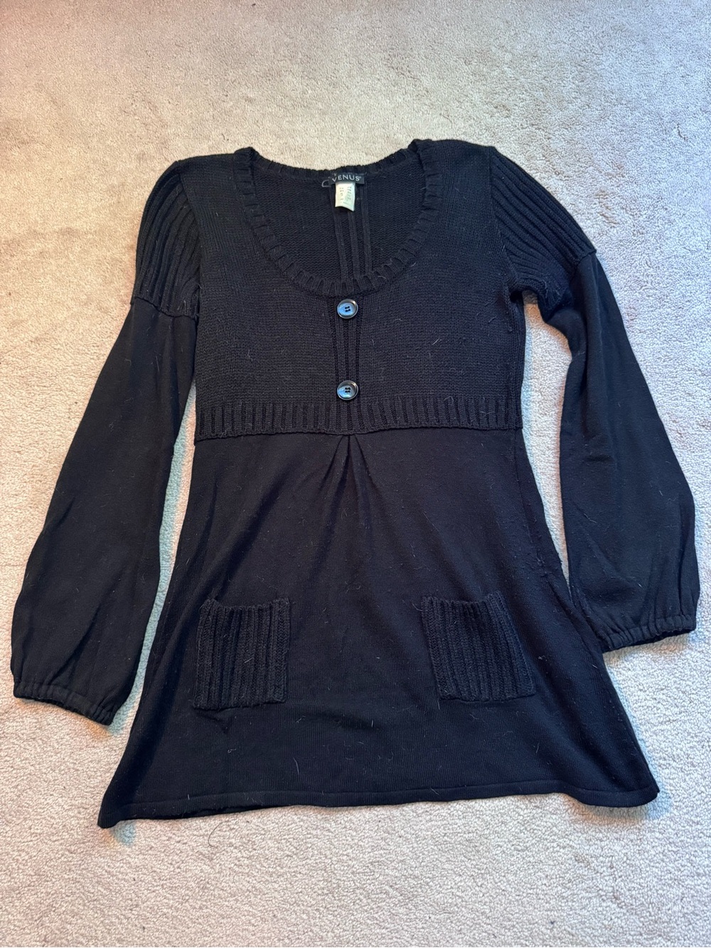 VENUS Black V-Neck Button Front Sweater Tunic